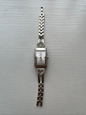 Bella & Rose Silver Rectangle Crystal Heart Link Bracelet Watch - NEW BATTERY